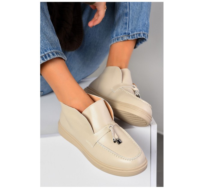 Туфлі-лофери жіночі на хутрі бежевого кольору 194043L