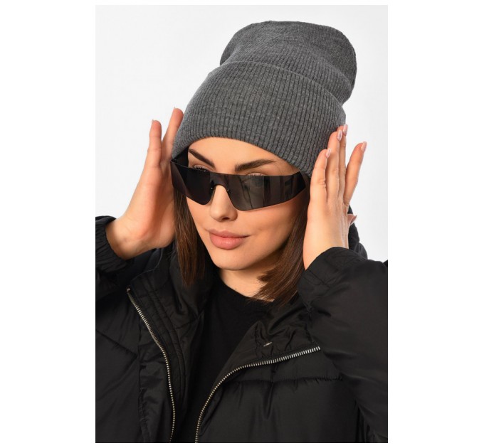 Шапка женская зимняя однотонного темно-серого цвета 194154L