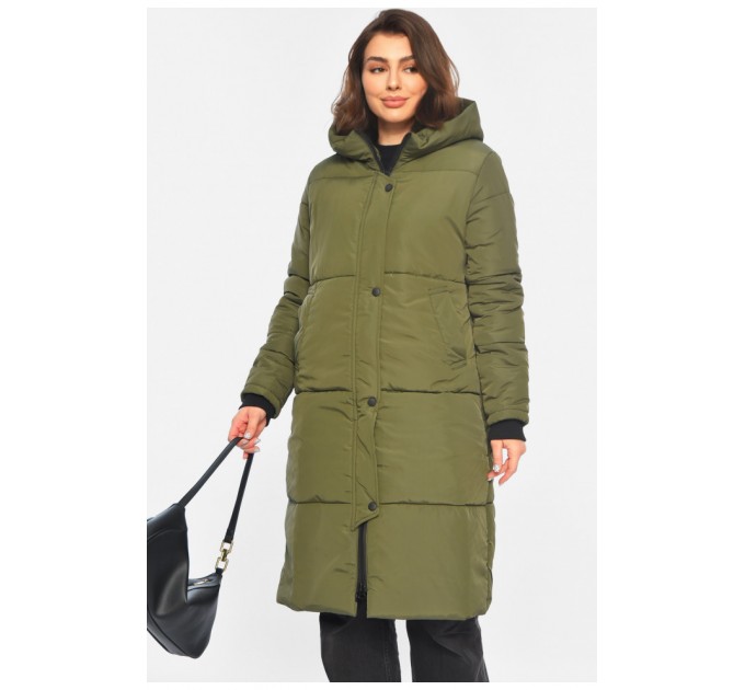 Куртка жіноча подовжена демісезонна темно-зеленого кольору 196468L