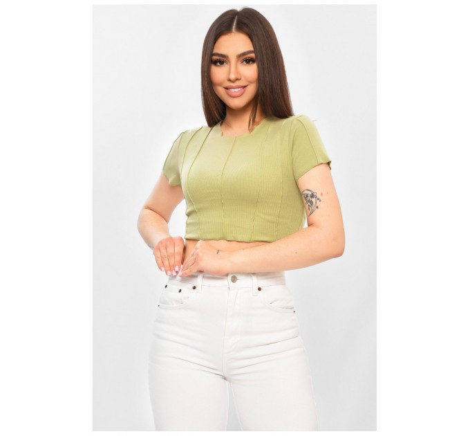 Женская футболка однотонная в рубчик оливкового цвета 201971L