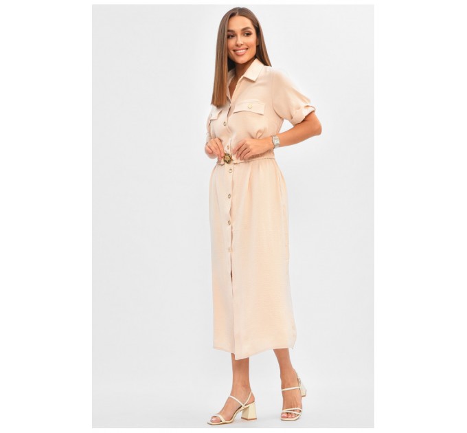 Платье женское однотонное бежевого цвета с поясом 204920L