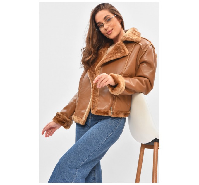 Дублянка жіноча коричневого кольору на штучному хутрі 205640L