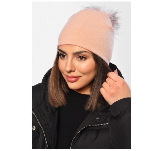 Шапка женская весна - осень светло-розового цвета с бубоном 150977L