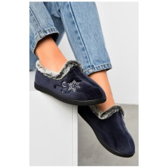 Капці жіночі на хутрі синього кольору з візерунком 163620L