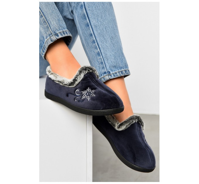 Капці жіночі на хутрі синього кольору з візерунком 163620L