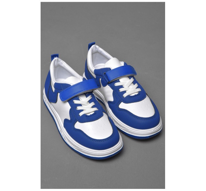 Кроссовки детские бело-синего цвета на липучке и шнуровке 174503L