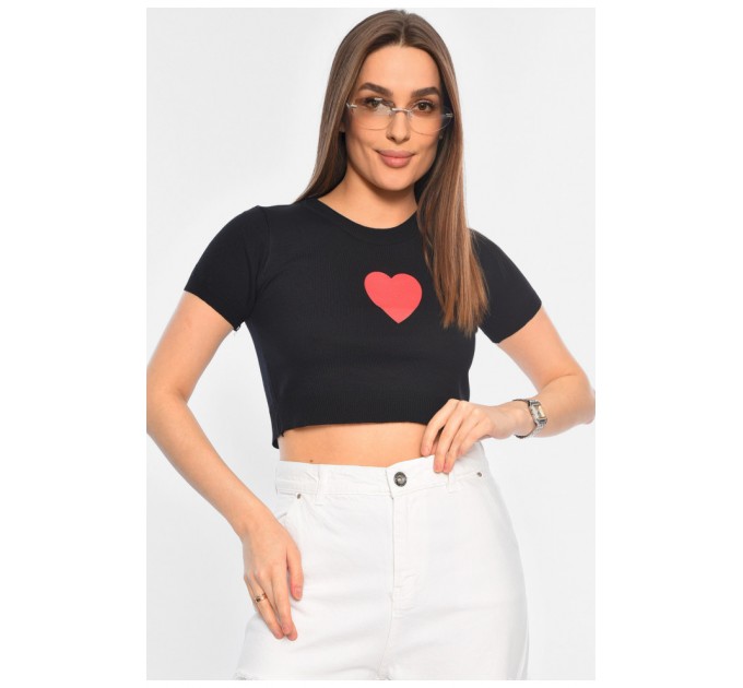 Футболка женская трикотажная укороченная черного цвета 179628L
