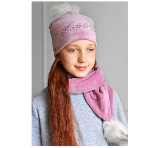 Набір шапка+шарф підлітковий для дівчинки велюровий рожевого кольору 182949L