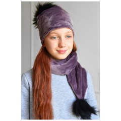 Набор шапка+шарф подростковый для велюровой девочки сиреневого цвета 182975L
