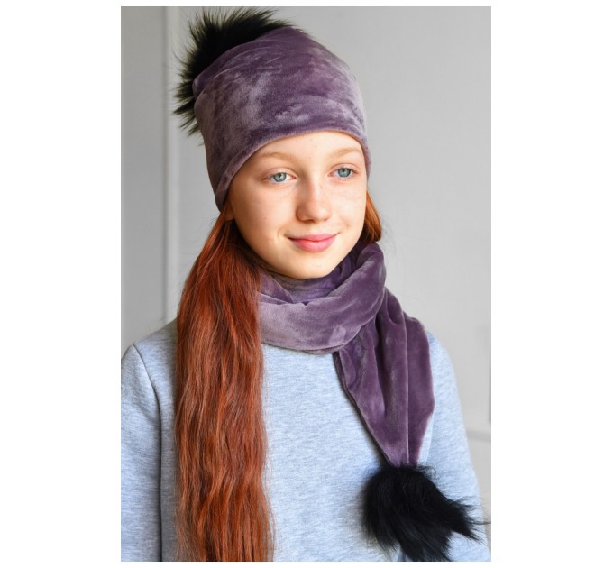 Набор шапка+шарф подростковый для велюровой девочки сиреневого цвета 182975L