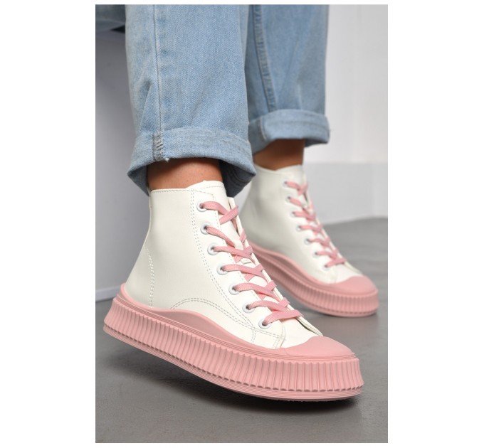 Кеди жіночі високі біло-рожевого кольору на шнурівці 183134L