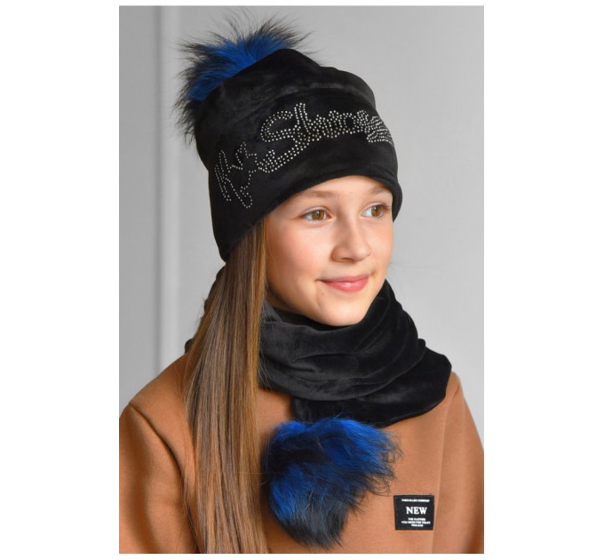Набор подростковый шапка+шарф для девочки велюровый черного цвета 183307L