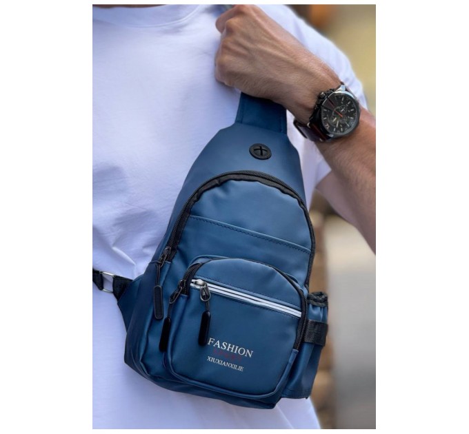 Сумка мужская через плечо из экокожи темно-синего цвета 184465L