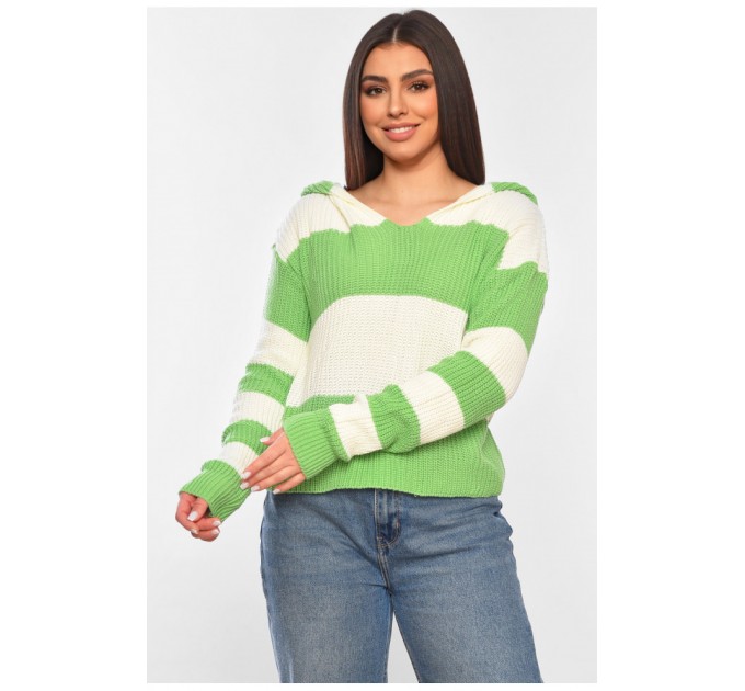 Свитер женский вязаный с капюшоном бело-салатового цвета 184517L
