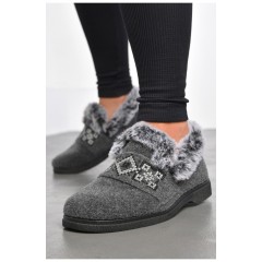 Тапочки женские на меху серого цвета с узором 186087L