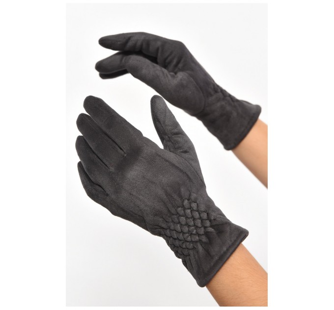 Рукавички жіночі замшеві на штучному хутрі сенсорні темно-сірогокольору 187482L