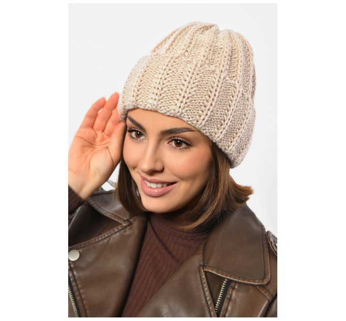 Шапка женская зимняя на флисе однотонная бежевого цвета 192021L
