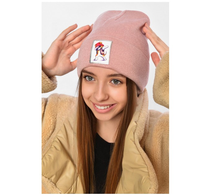 Шапка зимова підліткова з нашивкою рожевого кольору 193218L