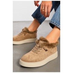 Туфлі-лофери жіночі на хутрі бежевого кольору 194645L