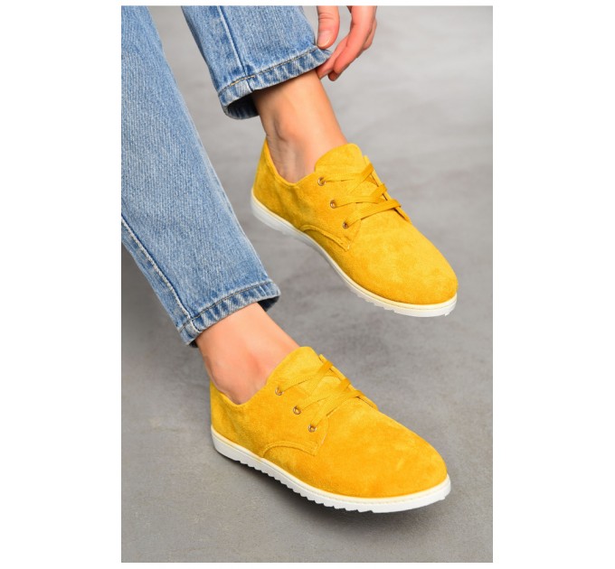 Туфлі жіночі замшеві гірчичного кольору на шнурівці 196742L