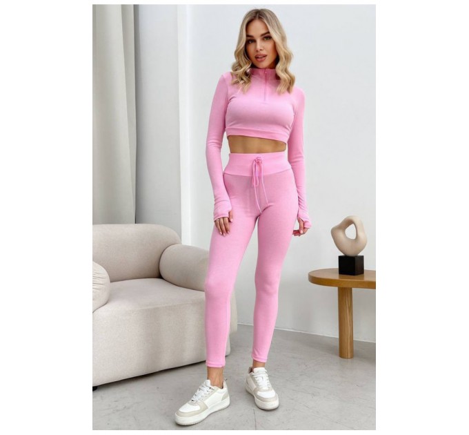 Спортивный женский костюм однотонный розового цвета 198399L