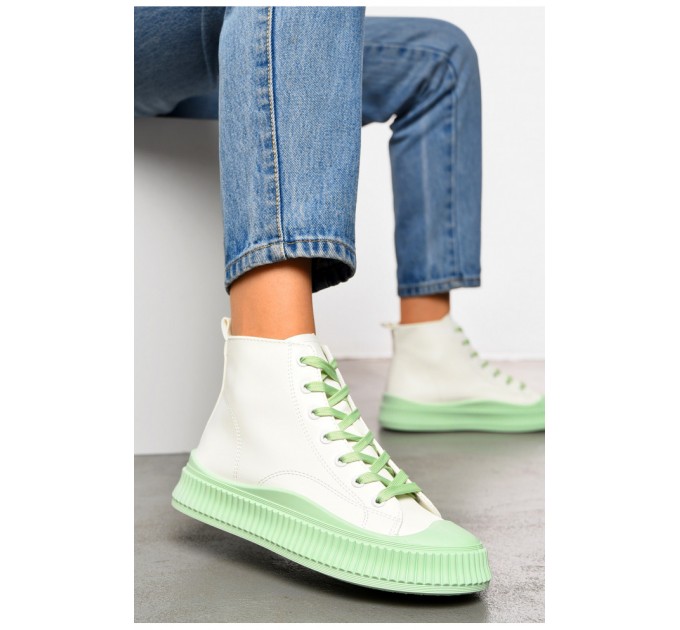 Кеди жіночі високі біло-м`ятного кольору на шнурівці 199547L