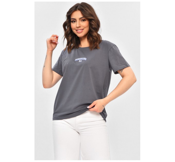 Футболка жіноча однотонна темно-сірого кольору з написом 202310L
