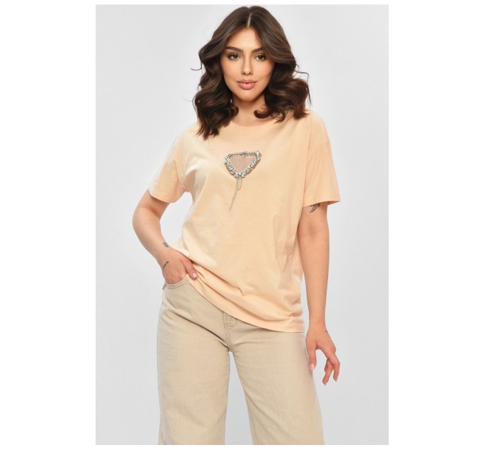 Футболка жіноча однотонна бежевого кольору з камінням 203765L