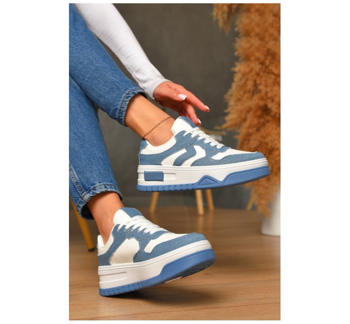 Кросівки жіночі біло-синього кольору на шнурівці 206192L