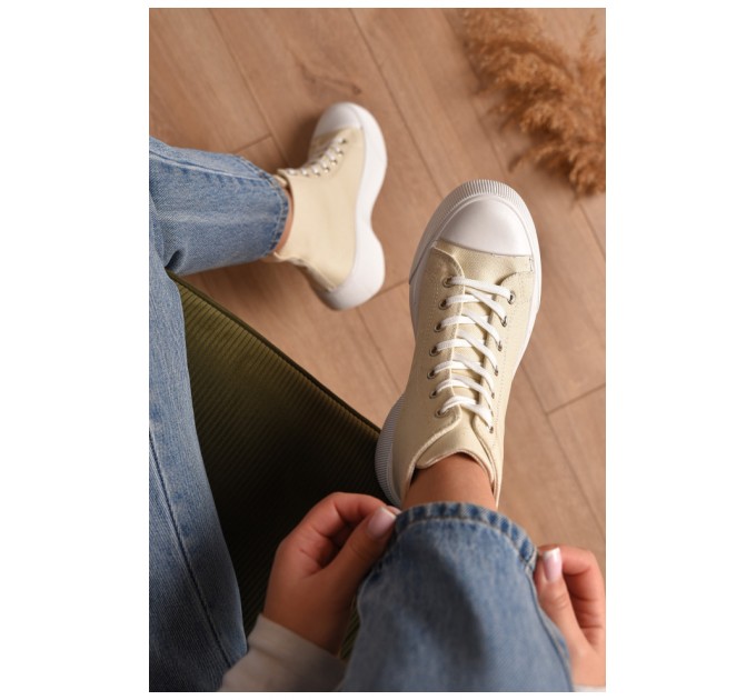 Кеди жіночі високі бежевого кольору на шнурівці текстиль 206206L