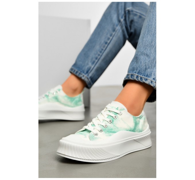 Кроссовки женские бело-зеленые однотонные текстиль 155412L