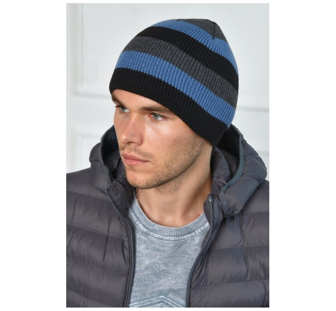 Мужская шапка на флисе в черно-голубую полоску 163755L