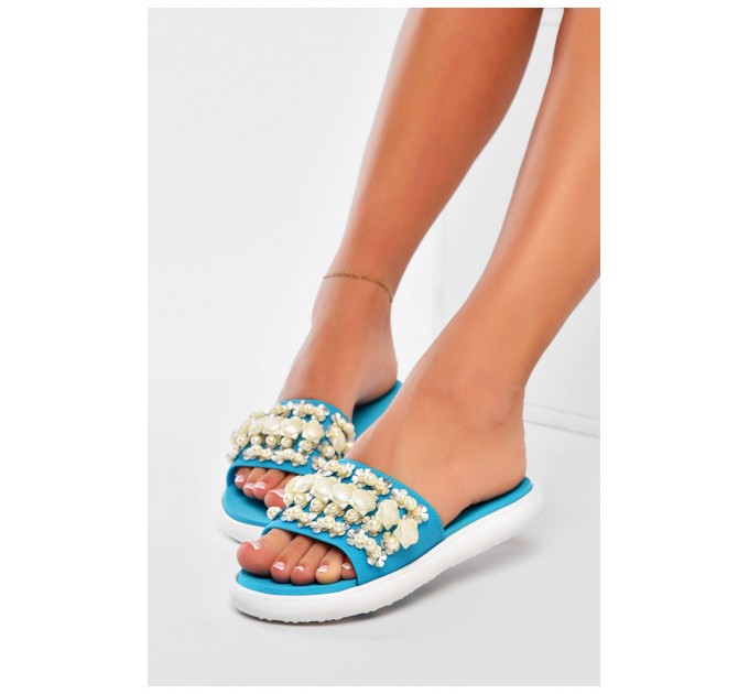 Шлепанцы женские голубого цвета с бусинами 163892L