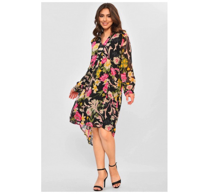 Платье женское шифоновое черного цвета в цветочек 171439L