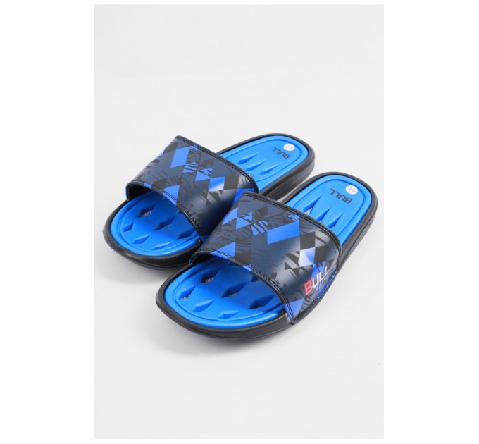 Шльопанці чоловічі синього кольору з геометричним візерунком 179496L