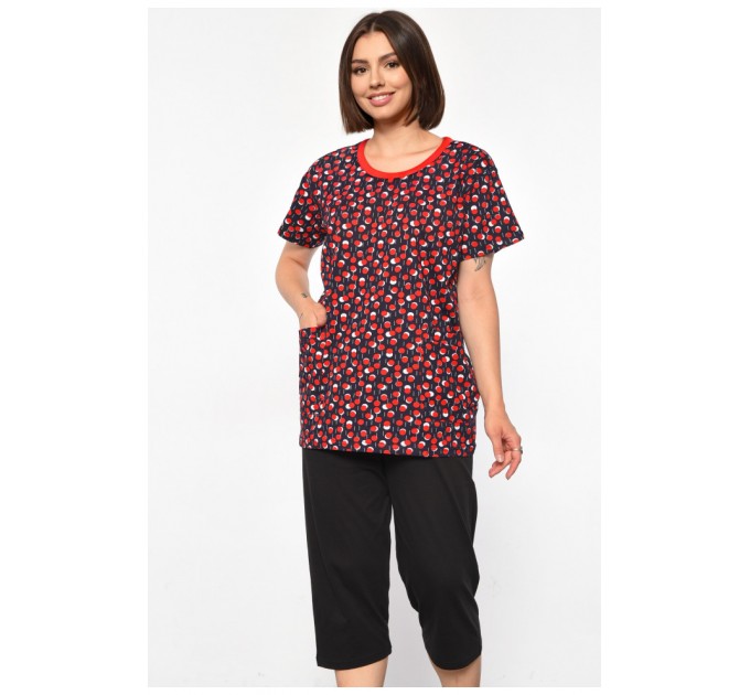 Костюм женский домашний полубатальный темно-синего цвета с принтом 185729L