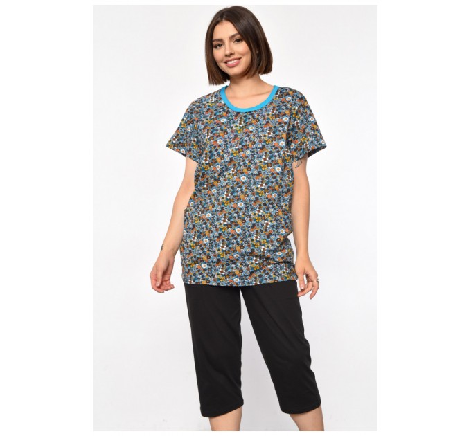 Костюм женский домашний полубатальный бирюзового цвета с принтом 185730L