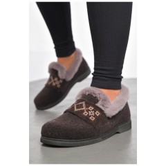 Капці жіночі на хутрі коричневого кольору з візерунком 186079L