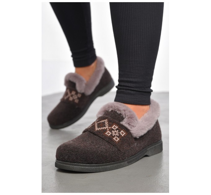 Капці жіночі на хутрі коричневого кольору з візерунком 186079L