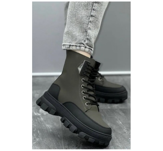 Черевики жіночі зимові на хурті темно-зеленого кольору 187105L