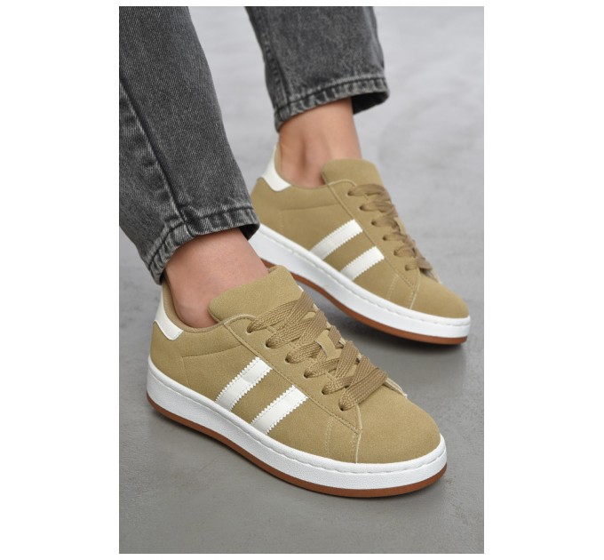 Кроссовки женские бежевого цвета на шнуровке замша 187542L