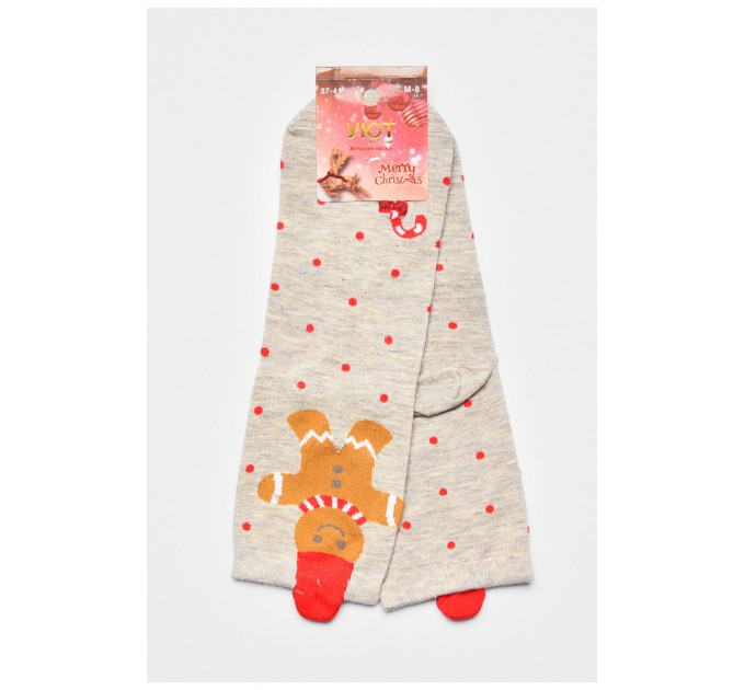 Шкарпетки жіночі з новорічним принтом бежевого кольору 190975L