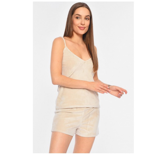 Піжама жіноча однотонна велюрова бежевого кольору 191503L