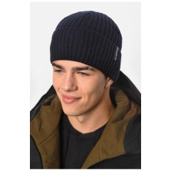 Мужская шапка с подворотом на флисе темно-синего цвета 192423L