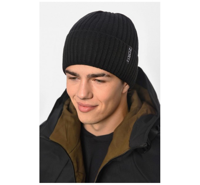 Мужская шапка с подворотом на флисе черного цвета 192425L