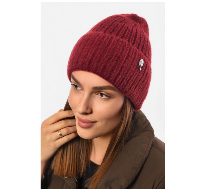 Шапка женская зимняя на флисе однотонная бордового цвета 193202L