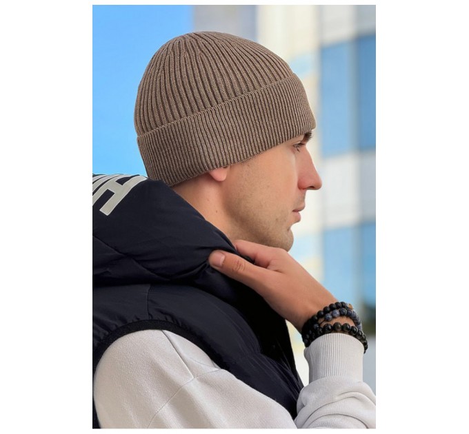 Шапка чоловіча демісезонна коричневого кольору 194604L