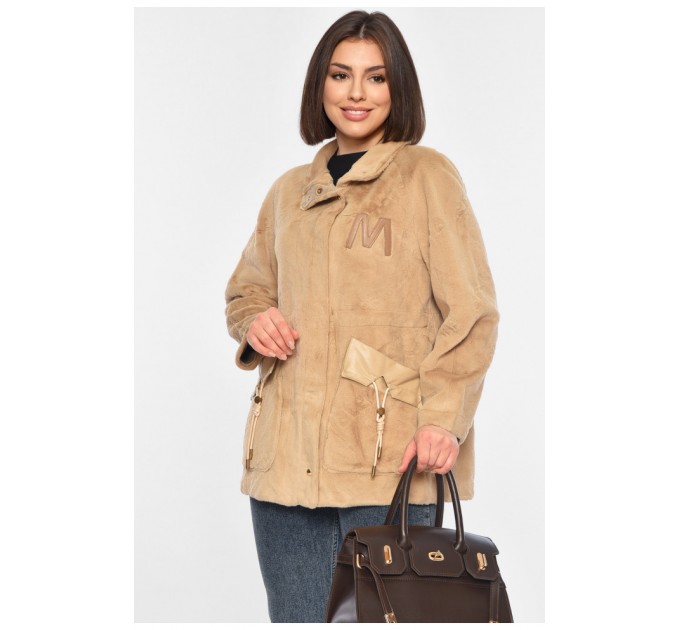 Шуба жіноча на штучному хутрі кольору мокко 195789L