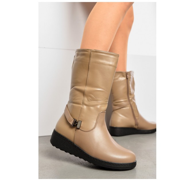 Чоботи жіночі зимові на блискавці темно-бежевого кольору 195869L