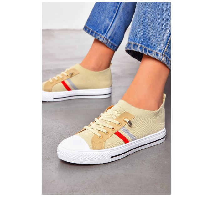 Кеди жіночі бежевого кольору на шнурівці текстиль 200879L